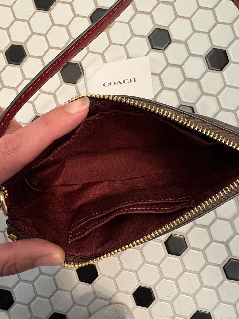 COACH Brown Signature Wristlet with Red Trim and Strap - Picture 2 of 7